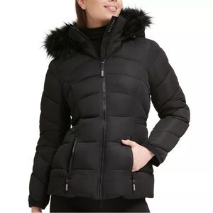 Guess Green Faux-Fur-Trim Hooded Puffer Coat sz L